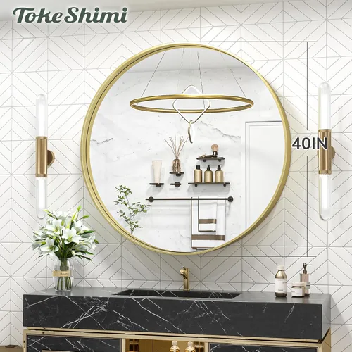 Miniatura 6 de TokeShimi Espejo redondo de baño de 40 pulgadas dorado para pared con marco de metal mate cepillado de aleación de aluminio antioxidable para Oro