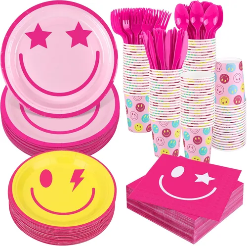 Miniatura 15 de Kochorie 400 piezas de decoraciones de fiesta de feliz cumpleaños, incluyendo platos de papel desechables, vasos, servilletas, juegos de vajilla que