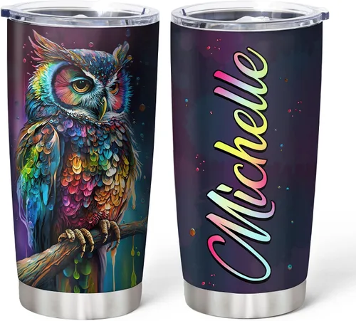 Hyturtle Vaso Personalizado para Amantes de Búhos - Vaso de Café de Acero Inoxidable con Impresión de Búhos y Nombre Personalizado 590 ml con Tapa -