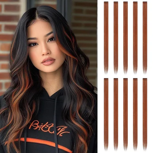 Miniatura 43 de FESHFEN Extensiones de cabello con clip de colores, 16 piezas de 8 colores resaltados, piezas de cabello sintético lacio con clip para mujer, 22
