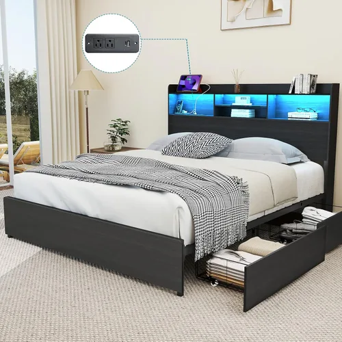 Miniatura 12 de Kiivakii Estructura de cama tamaño completo con cabecero, cama plataforma LED con 4 cajones de almacenamiento, estación de carga integrada, sin Negro