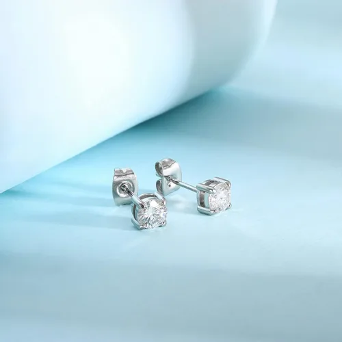 Miniatura 4 de Juego de aretes de tuerca de moissanita de acero 316L de 4 puntas redondas de moissanita con diamantes para mujeres y hombres