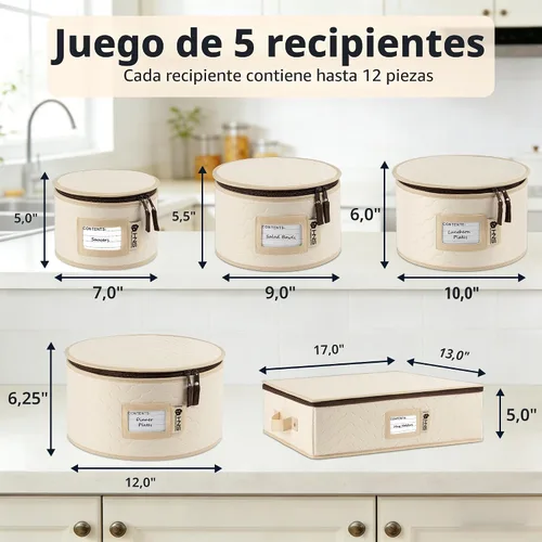 Miniatura 3 de Juego de 5 cajas de almacenamiento de China para vajilla, vasos, platos, tazas y platillos, organizador de platos resistente con divisores