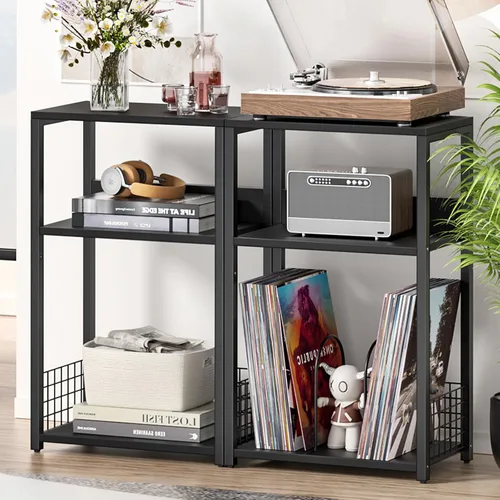 Miniatura 4 de LELELINKY - Soporte grande para tocadiscos negro de 18" de ancho, mesa auxiliar de 3 niveles con almacenamiento para vinilos hasta 130 álbumes