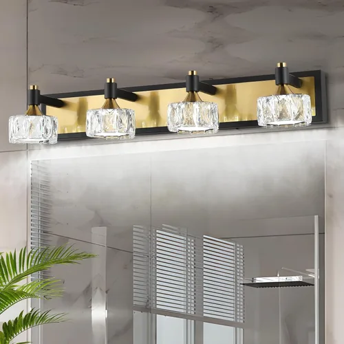 Miniatura 6 de Lámpara de baño de 3 luces sobre el espejo, luz LED regulable para tocador de baño con pantalla de cristal, lámpara de pared moderna negra y dorada