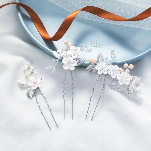 Miniatura 3 de Casdre Horquillas para el pelo de novia de flores, accesorios para el cabello de boda con diamantes de imitación para mujeres y niñas (paquete de 3)