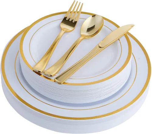 125 unidades de platos de plástico dorados incluyen 25 platos para cenar, 25 postres desechables y cubiertos desechables dorados, juego de vajilla