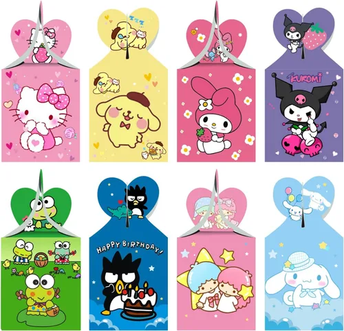 ARHAVI 12 cajas de regalo para fiesta de cumpleaños de niños, Kuromi y mi melodía, Keroppi, pompompurina, Badtz, suministros de decoración de fiesta