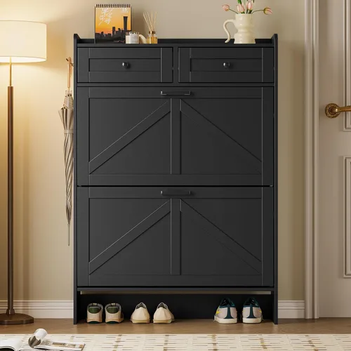 Miniatura 7 de BORNOON Gabinete de Almacenamiento de Zapatos para Entrada, Gabinete Estrecho de Zapatos Estilo Granja con 2 Cajones Abatibles y Cajones Superiores
