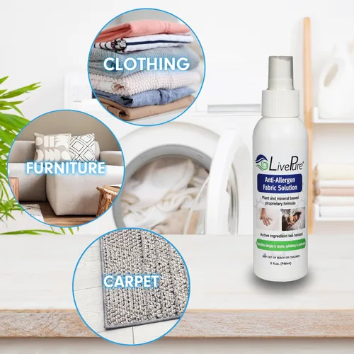 Miniatura 5 de LivePure Spray de tela antialérgeno de 3 onzas para superficies domésticas. Spray antialérgeno a base de plantas para ácaros del polvo y caspa