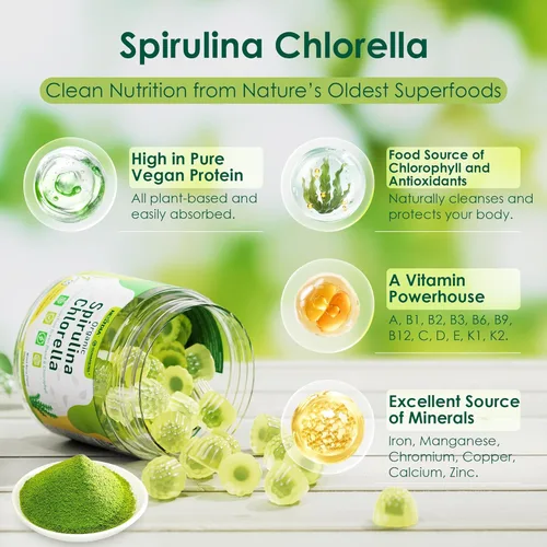 Miniatura 3 de Gomitas orgánicas de espirulina + clorella, altas en proteínas veganas, clorofila, algas verdes y azules densas en nutrientes + súper verdes