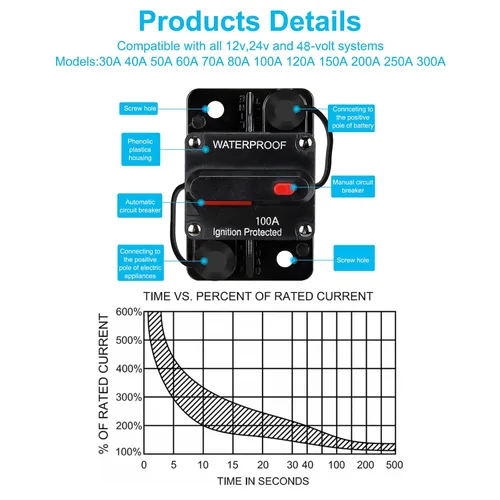 Miniatura 4 de Portafusibles de 100 amperios, disyuntor de audio, inversor de fusibles de restablecimiento, soporte de fusible de 12 V-48 V CC, reemplazar