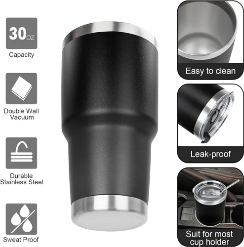 Miniatura 3 de Vaso de 30 onzas con tapas y pajillas, vaso aislado al vacío de doble pared, de acero inoxidable, a prueba de fugas, con recubrimiento en polvo