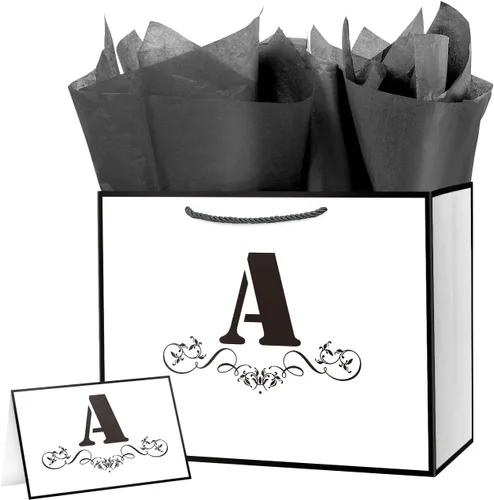 Miniatura 10 de ysmile Bolsa de regalo de letras con papel de seda para hombres, bolsa grande de 12 pulgadas, color blanco y negro, para cumpleaños, aniversario
