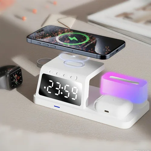 Miniatura 9 de IHAO Estación de carga inalámbrica plegable multifuncional 3 en 1 con luz nocturna LED ambiental, cargador rápido QC3.0 para teléfono, iWatch