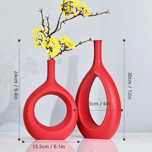 Miniatura 2 de Juego de 2 jarrones de cerámica rojos, jarrón floral moderno hueco circular con agujero para decoración del hogar, para centros de mesa