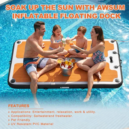 Miniatura 7 de AWSUM Plataforma de muelle inflable, superficie antideslizante de EVA de 8 a 15 pies, isla flotante resistente para lago, piscina, playa y océano