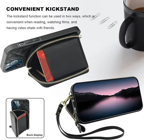 Miniatura 5 de Bocasal Funda tipo cartera cruzada para iPhone 13 Pro, con bloqueo RFID, de piel sintética, con cremallera, funda tipo cartera con función atril