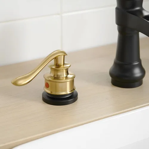 Miniatura 5 de Grifo de baño generalizado negro y dorado, grifo de lavabo de cascada de baño de 3 agujeros, lavabo de tocador de 2 manijas con drenaje desplegable
