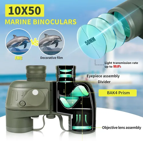 Miniatura 2 de Prismáticos marinos de 10 x 50 con brújula y telémetro, binoculares impermeables a prueba de niebla para adultos, navegación, vela, pesca, caza
