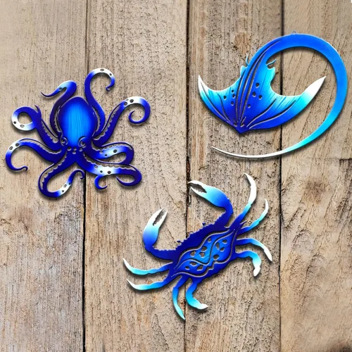 BVLFOOK Decoración de pared de metal, pulpo, cangrejo, manta raya, océano náutico costero, decoración de San Valentín, concisa de 9 pulgadas, juego