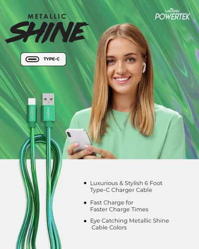 Miniatura 6 de LIQUIPEL Powertek Metallic Shine - Cable de carga USB tipo C, cable USB C de carga rápida de 6 pies, adaptador para automóvil, Galaxy, Android