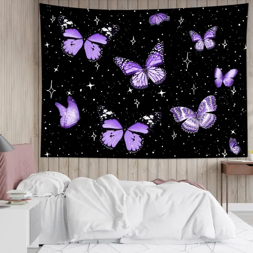 Miniatura 23 de LB Tapiz de mariposa colorido para colgar en la pared, diseño de mariposas de insectos sobre fondo negro, tapiz hippie de fantasía para dormitorio