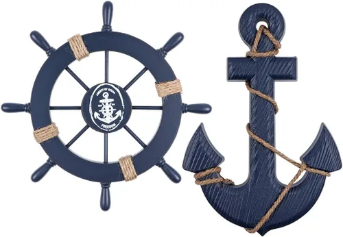 MDLUU Volante náutico de madera, timón de barco pequeño y ancla, juego de decoración de pared de 11 pulgadas, rueda de timón azul marino, adorno
