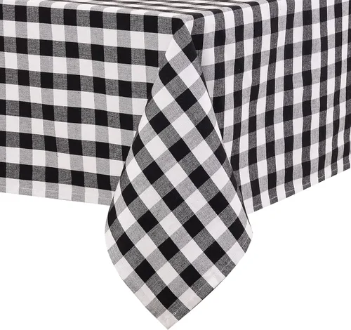 Urban Villa - Mantel de mesa 100 % algodón, para uso diario, cenas familiares o fiestas en interiores o exteriores, a cuadros, color negro/blanco,