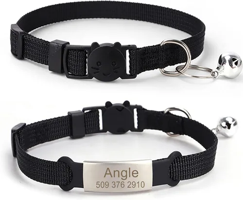 Collares de gato personalizados, nombre grabado personalizado y etiqueta de identificación de teléfono, collar ajustable para mascotas suave y Negro