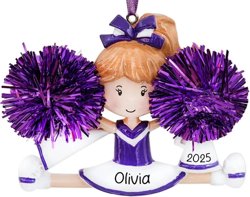 Adorno de Navidad personalizado de animadora 2026 – Personalización gratuita | Estatuilla de animadora bailarina con pompón morado real para árbol