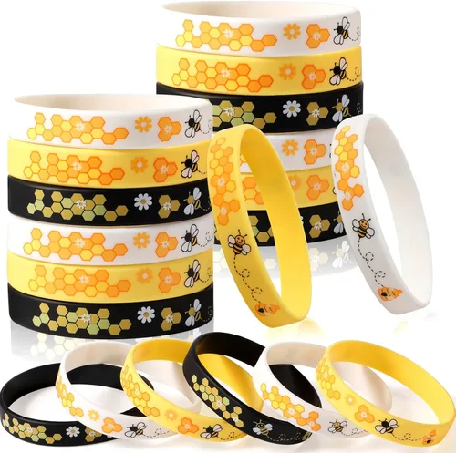 Threan Paquete de 24 pulseras de silicona de abeja a granel para el Día Mundial de las Abejas para cesta de Pascua, cumpleaños, primavera verano,