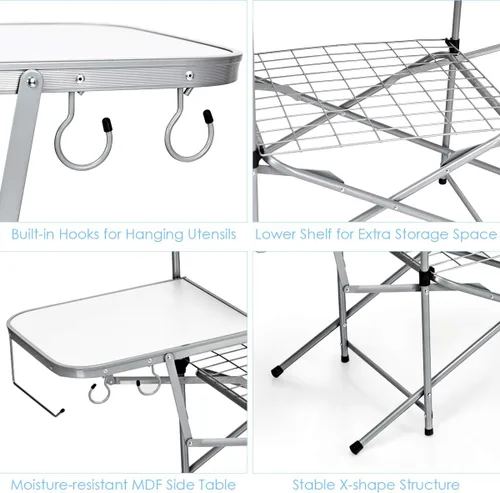 Miniatura 4 de GYMAX Mesa de campamento plegable de aluminio, mesa de parrilla al aire libre con mesa auxiliar, ganchos y bolsa de transporte, mesa de picnic