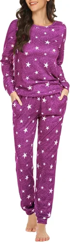 Miniatura 50 de Ekouaer Conjunto de pijama de manga larga para mujer, ropa de dormir suave con cuello redondo y bolsillos