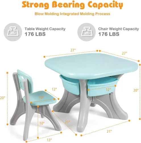 Miniatura 4 de HONEY JOY Juego de mesa y silla para niños, mesa de actividades de plástico para niños y 2 sillas con contenedores de almacenamiento, juego de Verde