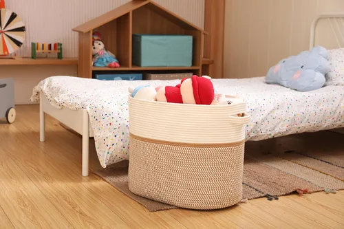 Miniatura 8 de Cesta de almacenamiento rectangular extragrande de 22 x 14 x 18 pulgadas con tapa, cesta de almacenamiento grande de cuerda de algodón, cesta