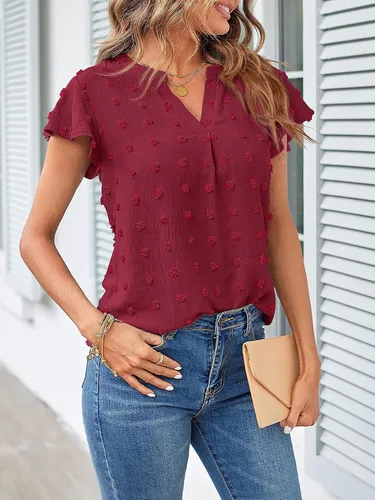 Miniatura 9 de MEROKEETY Blusa de manga corta con volantes y cuello en V para primavera 2026, para verano, con lunares suizos, elegante, informal, con vuelo