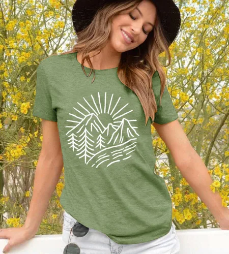 Miniatura 34 de Camisetas sin mangas de senderismo y montaña para mujer, divertidas camisetas de entrenamiento con gráficos de pino y amanecer, camisetas de verano