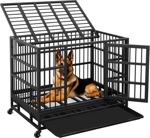 JY QAQA - Jaula Kennel para perros indestructible, de servicio pesado, de 38 pulgadas, doble puerta, a prueba de escapes, jaula de metal mejorada,