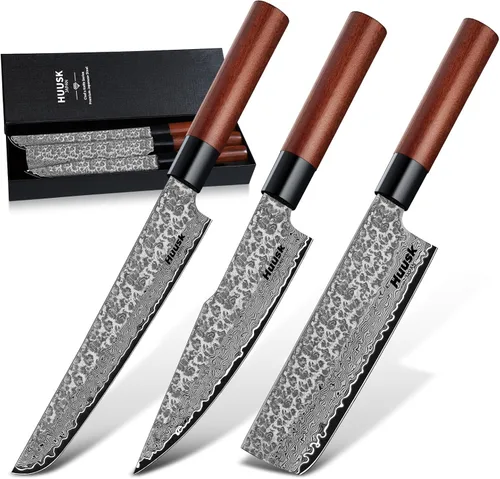 Huusk Juego de Cuchillos de Cocina Japonés - 3 piezas Cuchillo de Damasco VG10 forjado a mano, Cuchillo para deshuesar para cortar carne, Cuchillos