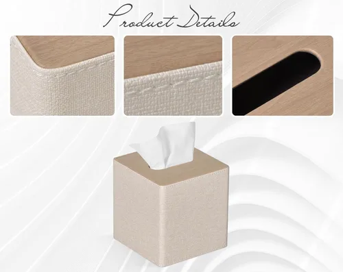Miniatura 5 de Funda para caja de pañuelos cuadrada de piel sintética para caja de pañuelos facial para decoración de cómoda y baño (Beige)