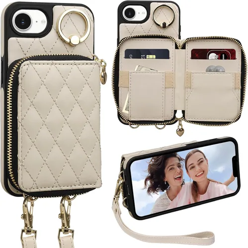 Miniatura 26 de Funda tipo cartera para iPhone 15 de 6.1 pulgadas, bolso cruzado con cremallera y correa para la muñeca con cordón para mujer, tarjetero con bloqueo