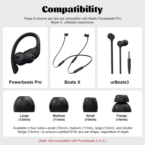 Miniatura 2 de 8 piezas Powerbeats Pro de silicona para los oídos compatibles con Beats Powerbeats Pro, Beats X, urBeats3 auriculares (Pro Eartips negro)