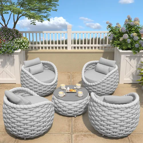 Miniatura 55 de TWT 3-Piece Woven Rope Patio Furniture Set, 2 Outdoor Armchairs with Soft Cushions + Round Aluminum Coffee Table, All-Weather Conversation Set for