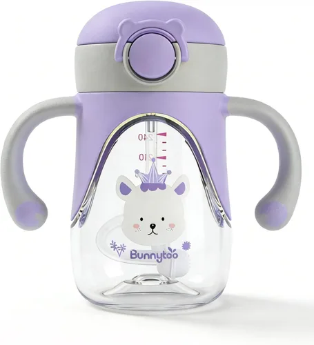 Bunnytoo Vaso para beber con popote con peso de 1 a 3 años de edad, 8 onzas sin BPA Tritan taza de agua para bebé con asas, taza de entrenamiento de