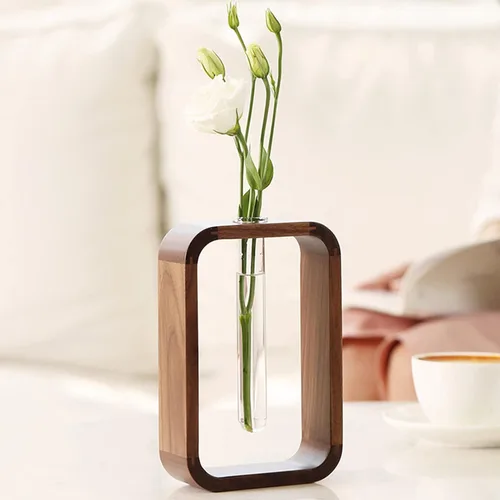 Transprent - Jarrón de vidrio de tubo de ensayo, jarrón hidrófilo para plantas, marco de madera de nogal, soporte de flores, mesa de jardín,