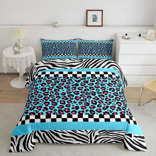 Miniatura 13 de Juego de edredón Manfei Leopardo Rosa Tamaño Individual, Juego de ropa de cama con estampado de cebra negro y blanco 2 piezas para decoración