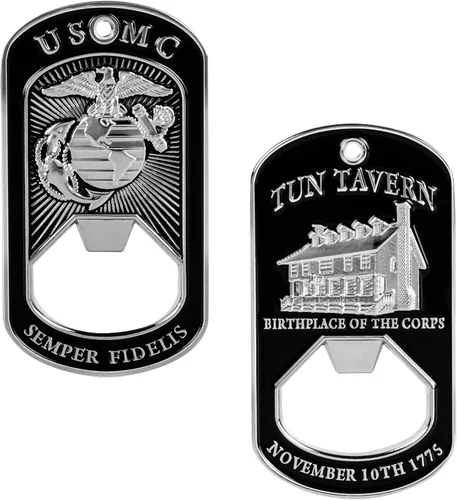 USMC Tun Tavern - Abridor de botellas de identificación | Moneda de desafío de cumpleaños del Cuerpo de Marines | Regalos para abridor de cerveza