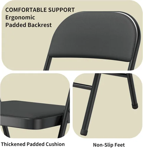 Miniatura 5 de SHGJ&SOFT Juego de 2 sillas plegables con asientos y respaldos acolchados, silla con marco de metal negro para interiores y exteriores, oficina