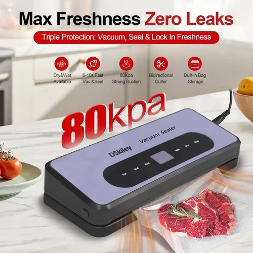 Miniatura 2 de Máquina selladora al vacío para conservación de alimentos, potente succión de 80 kPa, cortador integrado y kit de inicio, modos seco y húmedo